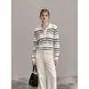 Estilo Intelectual Refrescante de Início de Outono Listras Coloridas Gola Polo Casual Suéter de Tricô Solto para o Trabalho Roupa Feminina 25811