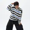 Suéter Masculino Gola Redonda Listrado Color Block Retrô Americano Outono Tendência Marca Texturizado Preguiçoso Casual Tricô Top