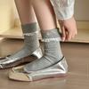 Meias estilo balé renda flip arco bordado tubo médio empilhado outono e inverno estilo preguiçoso menina suave menina estilo cinza