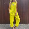 Primavera y Verano Algodón y Lino Moda Casual Suelto Dos Piezas Top sin Mangas Pantalones Sueltos Traje Comercio Exterior Venta al por Mayor