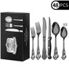 Aço inoxidável transfronteiriço Royal Court faca, garfo e colher Conjunto de 6 peças hotel retrô relevo Tesouraria ocidental bife faca, garfo e colher