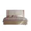 Cama suave de respaldo alto estilo wabi-sabi, cama de tela de chenilla, cama moderna minimalista estilo crema con borde, cama compacta para espacios pequeños