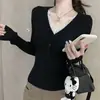 Suéter básico de encaje con empalme estilo coreano, estilo pura deseo para mujer, top de punto acanalado de cuello en V de alta gama para otoño e invierno