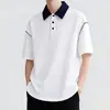 Camisa polo masculina com zíper, manga curta, malha fina, casual, versátil, moderna, listrada, de seda gelada