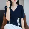 Cárdigan de Punto Suave Estilo Coreano con Cuello en V y Mangas Cortas para Mujer, Camiseta de Seda de Hielo de Verano Fina, Top Versátil Adelgazante con Jacquard de Pingüino
