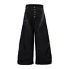 Jeans de Pierna Ancha con Parches de Cuero PU Plisado con Remaches y Botones para Hombre, Pantalones Casuales Sueltos de Estilo Hip-Hop Streetwear de Nueva Primavera para Mujer