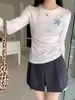 Camiseta azul marinho de gola redonda, ombro normal, manga longa para mulheres, novo estilo primavera e outono, com estampa de estrelas, corte justo, top estiloso para mulheres