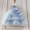 Vestido de Aniversário de Menina de Comércio Exterior Estilo 2026 Vestido Princesa Bolo Vestido Azul Pérola Infantil para Performance de Menina Apresentadora