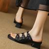 Ropa de Exterior de Moda Negra Verano Nuevo Estilo Punta Cuadrada Tacón Grueso Punta Abierta Sandalias Slip-On Súper Elegantes y Cómodas