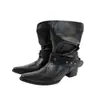 Botines de Cuero de Vaca Occidental Arrugado para Mujer Chuyuji, Adelgazantes Botas de Motocicleta de Tacón Grueso Punta Fina Negras para Montar