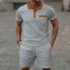 2025 Nueva Camisa Polo de Verano para Hombre Waffle Manga Corta Bloques de Color Bolsillo con Solapa Pantalones Top Color Puro Shorts Traje de Dos Piezas