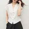 Camisa de Verano Nueva para Mujer con Diseño de Cintura Elástica, Corte Ajustado, Mangas Acampanadas, Blanca sin Mangas de Estilo Regular, Tipo que Ceñe la Cintura