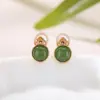 Brincos de Prata Esterlina S925 Yuebao Jewelry Novo Estilo Chinês Ruyi Jade Caractere Auspicioso Stud Earrings para Mulheres Retro Redondo Estilo Antigo Ornamentos de Orelha Ornamentos de Prata