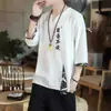 Camiseta Masculina de Verão Linho Estilo Chinês Bordada Manga Curta Cropped Tamanho Grande Solta Gola V Algodão Linho Manga Curta Masculino