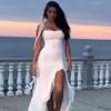 Verão 2025 Novo Vestuário Feminino Transfronteiriço Estilo Europeu e Americano Elegante Tomara que Caia Fita Babado Fenda Vestido de Alças