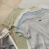 Top de Malha Fina de Linho com Fio de Papel Japonês Sem Costura de Manga Curta para Mulheres, Camiseta Pulôver Simples de Gola Redonda para Verão para Mulheres
