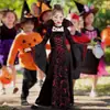 Nuevos Disfraces Europeos y Americanos de Halloween para Niños Disfraz de Bruja Medieval Retro con Cordones Cuello Alto Mangas de Campana Vestido Largo Estampado