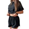 Ropa de Casa Transfronteriza Europea y Americana de Canalé Cuello Redondo Manga Corta Suelta Cinturón Abertura Shorts Ropa Exterior Cruzada Pijamas para Mujer