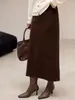 (Liquidação) Saia Reta Retrô de Inverno Cor de Café para Mulheres, Novo Estilo 2026, Saia Longa com Fenda de Lã Sintética Forrada com Fleece