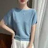 Tecido com contas curvas, macio e respirável, mangas morcego, gola redonda, blusa feminina básica e elegante, estilo casual primavera/verão