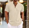 Camisa Masculina de Manga Curta Estilo Europeu e Americano para o Verão, Camisa Masculina Meio Aberta de Cor Pura com Gola Alta, Manga Curta de Linho