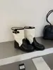 Novas botas de cowboy femininas estilo europeu de cano médio com fivela de cinto, combinação de lona e couro, salto grosso, botas empilhadas estilo western