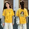 Camiseta de manga larga de algodón puro para niñas, un top de dibujos animados de moda con aspecto de capas, nuevo estilo primavera/otoño, versión coreana, camiseta interior para niños