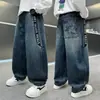 Jeans Holgados de Pierna Ancha para Niños, Nuevo Estilo Primavera y Otoño, Pantalones Largos de Marca de Moda con Estampado de Letras, Pantalones Casuales Estilo Coreano para Niños Mayores