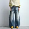Jeans Lavado Retro Americano 2026 Corte Curvo Olho de Gato, Calça de Corte Reto Relaxado Solta