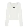 Camiseta de Manga Larga con Lazo de Nicho Camisa Base para Mujer Otoño e Invierno Blanca Cuello Bajo Ajustada Top Corto de Felpa