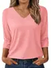 Blusa feminina de manga 3/4 da Amazon, gola V casual, modelagem solta, básica, top da moda