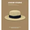 Sombrero de Paja Plano Estilo Francés para Mujer, Sombrero Tejido Estilo Old Money de Verano con Ala Ancha para Salidas, Vacaciones en la Playa y Protección Solar