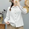 Camisa feminina de algodão 100% petite, pronta para usar, listrada lavada, corte solto, para outono, estilo artístico, com gola de lapela e mangas compridas, efeito emagrecedor