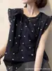 Nueva blusa de verano estilo francés con estampado de corazón, versión coreana con lazo, camisa sin mangas adelgazante para mujer, de lunares, elegante para figuras petite