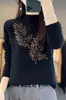 Suéter Meia-Gola Outono e Inverno para Mulheres com Pedrarias de Folhas, Camisa Base Tricotada, Top Versátil da Moda com Gola Redonda A8203