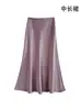 Saia Midi Acetinada de Acetato Plus Size Petite com Caimento Feminina Primavera Verão Cor Sólida Cintura Alta Bodycon Saia Sereia Comprimento Médio