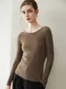 Top quente 100% cashmere puro, gola redonda, malha canelada, base justa, suéter feminino