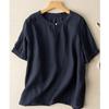 Camiseta informal de algodón y lino de manga corta para mujer, estilo artístico, de talla grande, de verano, de color liso, combina con todo, con diseño adelgazante y suelto, con cuello redondo.