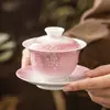 Tazón Cubierto Gradiente Rosa Sancai del Fabricante Taza de Té Cerámica Tazón de Té Tallado Pintado a Mano Taza de Té Personal Especial Juego de Té Kung Fu
