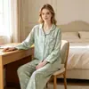 Conjunto de manga larga floral verde fresco teñido en hilo de algodón puro, nuevo estilo primavera y otoño, ropa de casa con cuello para mujer, pijamas y ropa de estar