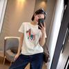 24 Primavera/Verão Nova Casual Versátil Emagrecimento Ombro Regular Estampa de Pônei Gola Redonda Escovada Camiseta de Manga Curta para Mulheres