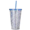 Fornecedor Fabrica Copo com Canudo Dupla Camada 16oz Copo com Glitter 450ml Plástico Transparente Copo com Canudo