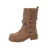 Botas de Vaquero Retro Occidentales para Mujer 2026 Otoño/Invierno Nuevas Estilo Páramo Hebilla de Cinturón Marrón Botines de Tobillo de Suela Gruesa Recta con Tacón Grueso