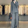 Conjunto Tricotado de Caxemira Novo para Outono e Inverno Feminino, Suéter Espessado com Gola V e Fenda, Calça Larga Solta, Conjunto de Duas Peças de Lã Fashion