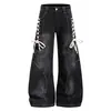 Calça jeans OREETA estilo high street americano com cadarço, adequada para homens e mulheres, calça larga e solta de perna ampla que afina a silhueta e aumenta a altura, calça de comprimento até o chão.