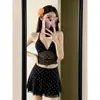 Conjunto de Dos Piezas de Malla Retro de Lunares Estilo Coreano Sexy con Tirantes Falda Corta de Cintura Alta Adelgazante Atuendo Casual de Vacaciones Puro Deseo para Mujer Moderno
