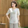 Conjunto de Verão Estampado de Manga Curta para Mulheres de Meia-Idade e Idosas, Conjunto de Duas Peças com Camiseta Estilo Chinês e Calça de Perna Larga, Roupa para Vovó