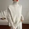 Suéter Pulôver de Gola Alta Cor Sólida Estilo Europeu e Americano para Mulheres, Outono e Inverno Estilo Preguiçoso Solto Emagrecedor Base de Tricô Cor Sólida