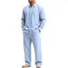 Conjunto de camisa de linho simples de manga comprida para outono, estilo europeu e americano, transfronteiriço, masculino, folgado, para casa, casual, para o trabalho, férias, atacado