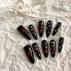 [Estilo Doce Cool] Unhas Postiças Pretas com Laço de Cereja e Diamantes, Estilo Doce Cool Hot Girl, Média Duração, Feitas à Mão, Usáveis